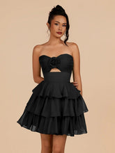 Black - Strapless A Line Chiffon Ruffles Homecoming Dresses With Flower