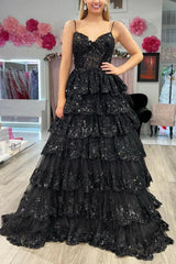 A Line Spaghetti Straps Tiered Lace Prom Dress