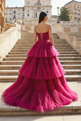 A-Line Strapless Tulle Long Prom Dress with Tiered Ruffles