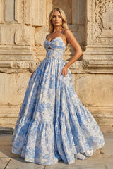 Blue A-Line Spaghetti Straps Floral Jacquard Satin Long Prom Dresses with Keyhole
