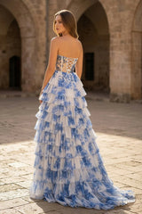 Blue Floral Printed Sweetheart Chiffon Tiered A-Line Long Corset Prom Dress