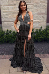 Black - A-Line Halter Satin Beaded Long Prom Dresses With Ruffles