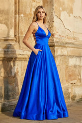 A Line Royal Blue Spaghetti Straps Satin Prom Dress With Pockets