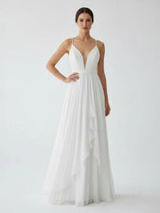 A-Line V Neck Straps Spaghetti Sheath Chiffon Wedding Dress