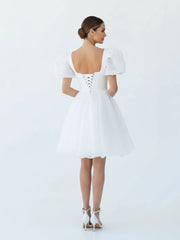 A-Line Square-Neck Short Wedding Dress With Puffy Pearls Sleeves
