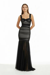 Black Sweetheart Mermaid Tulle Pleated Long Formal Prom Dresses