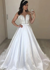 A-line Sleeveless Sweetheart Satin Bride Wedding Dresses with Appliques