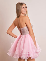 A-Line Pink Sweetheart Ruffled Short Homecoming Dress