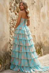 Aqua - Strapless Neck A Line Floral Chiffon Ruffled Prom Dresses With Beading