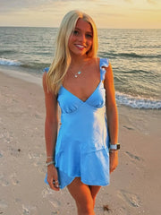 Blue - V Neck Satin Ruffles A Line Short Homecoming Dress