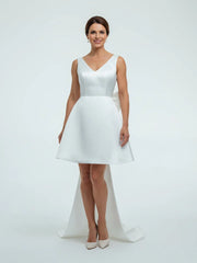 A-Line Satin V-Neck Short Wedding Dress with Large Bow