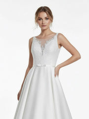 A-Line Illusion Neck Sleeveless Floor-Length Satin Wedding Dress With Pleats
