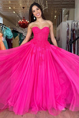 A-Line Hot Pink Tulle Lace Sweetheart Long Prom Dress