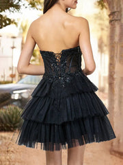 Black - Strapless A Line Tulle Homecoming Dress With Appliques