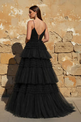 A-Line Spaghetti Straps Long Tiered Tulle Prom Dress With Split