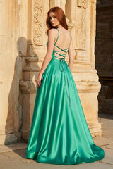 A Line Sweetheart Green Satin Long Prom Dresses with Slit