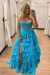 Azure - Strapless A Line Chiffon Ruffled Formal Prom Dresses With Beading