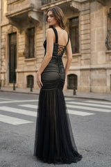 Black Sweetheart Mermaid Tulle Pleated Long Formal Prom Dresses