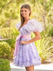 A-Line Sweetheart Lavender Short Homecoming Dress With Puff Sleeves