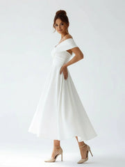 A-Line Satin Tea Length White Off the Shoulder Wedding Dress