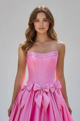 A-Line Black Strapless Satin Long Prom Dresses with Bow Knots