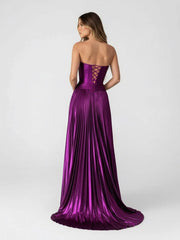 A Line Strapless Purple Pleated Metallic Long Prom Dress with Slit