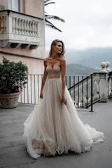 A-Line Sweetheart Tulle Long Wedding Dresses