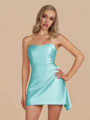 Aqua - Strapless Sheath Irregular Hem Satin Short Homecoming Dress