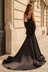 Black Square Neck Mermaid Satin Long Prom Dresses With Pearls
