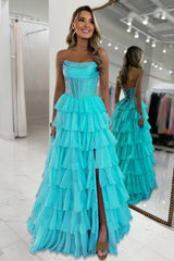 Aqua - A Line Strapless Chiffon Beaded Corset Long Prom Dress With Slit