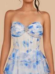 Blue - A Line Strapless Floral Chiffon Homecoming Dress with Beads
