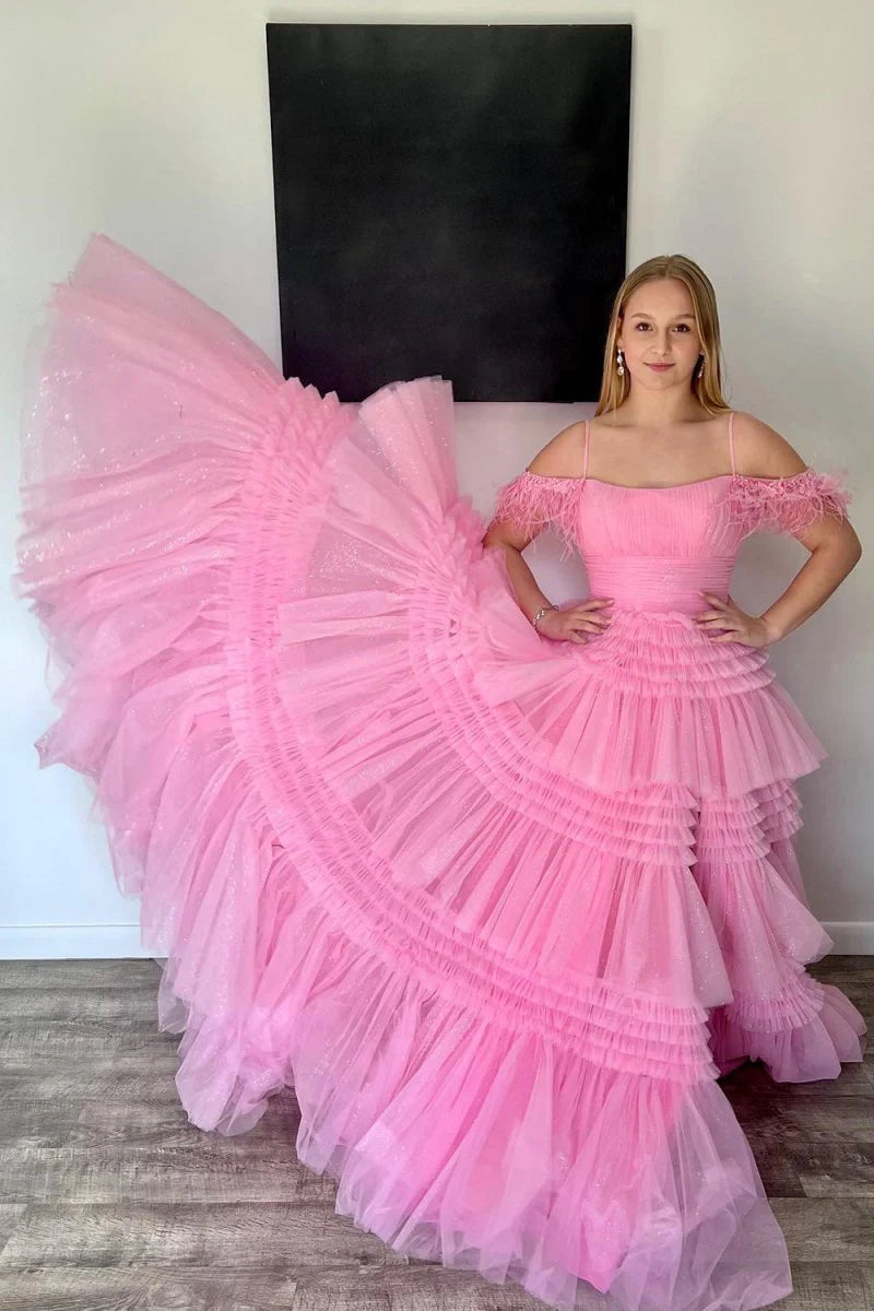 A-line Spaghetti Straps Glitter Tulle Prom Dress with Slit