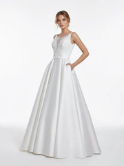 A-Line Illusion Neck Sleeveless Floor-Length Satin Wedding Dress With Pleats