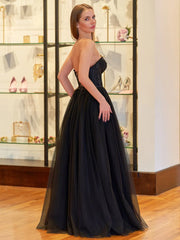 Black A Line Sweetheart Corset Tulle Prom Dress with Slit