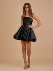 Black - A Line Strapless Satin Bubble Hem Short Homecoming Dresses