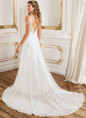 A-Line V-Neck Sweep Train Wedding Dress With Lace Split Front