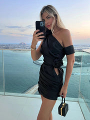 Black - Sheath One Shoulder Pleated Short Homecoming Dresses With Flowers