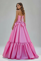 A-Line Black Strapless Satin Long Prom Dresses with Bow Knots