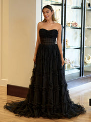 Black Strapless Tulle A Line Lone Prom Dress