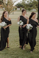 Ankle Length Slit Mermaid Bridesmaid Dresses with One Shoulder