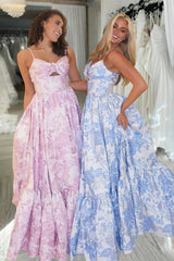 Blue A-Line Spaghetti Straps Floral Jacquard Satin Long Prom Dresses with Keyhole