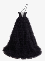 Black A Line One Shoulder Tiered Long Prom Dress