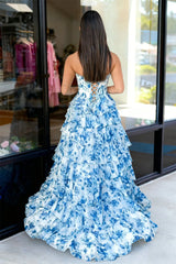 Blue - A-Line Floral Chiffon Sweetheart Ruffled Beaded Long Prom Dresses with Slit