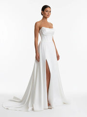 A-Line Strapless White Satin Wedding Dresses with Slit