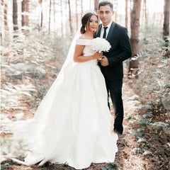 A-Line Satin Sweep Train White Wedding Dress with Sleeveless