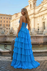 Azure - Strapless A Line Chiffon Ruffled Prom Dresses With Appliques