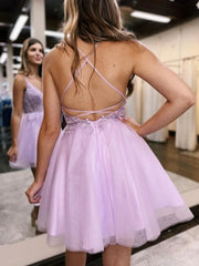 A-Line Backless Tulle Appliqued Homecoming Dress