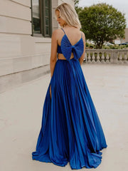 A-Line Straps Royal Blue Pleated Chiffon Long Formal Dress with Bow Back