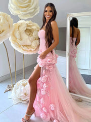 A line Sexy Strapless Sleeveless Pink Slit Flowers Prom Dress