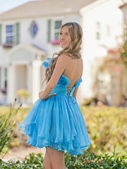 Blue A-Line Strapless Pleated Short Tiered Homecoming Dress